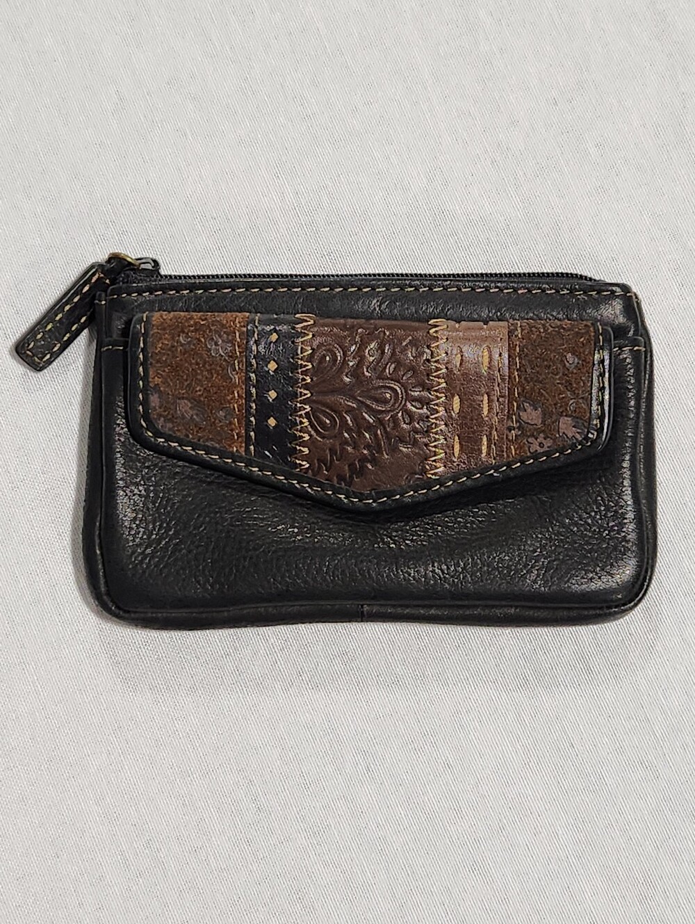 Fossil Coin Wallet Patchwork Leather Black Brown Tan ID Window Key Ring Snap Zip - Picture 1 of 9